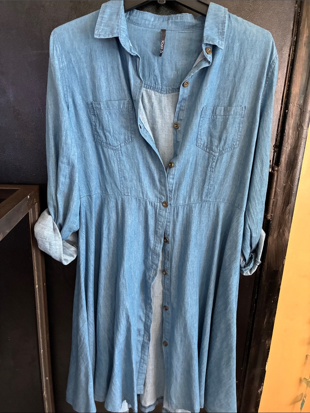 Y2K Denim Chambray Shirtdress Cotton Tab Sleeves Gathered Back L yoyo5